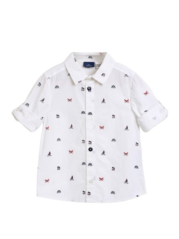 Boys White Printed Long Sleeve Woven Shirt image number 0